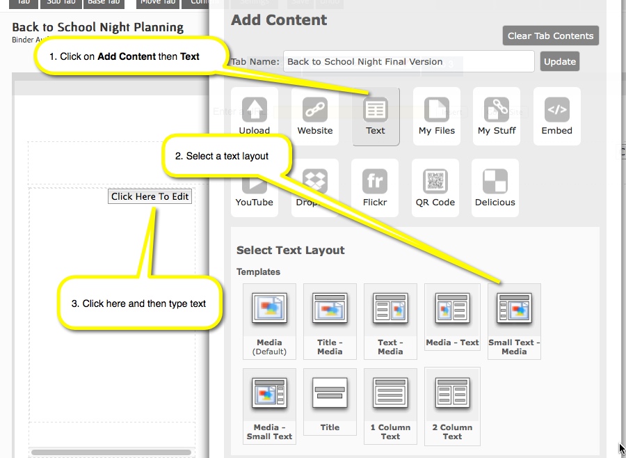 adding text to a tab in a binder