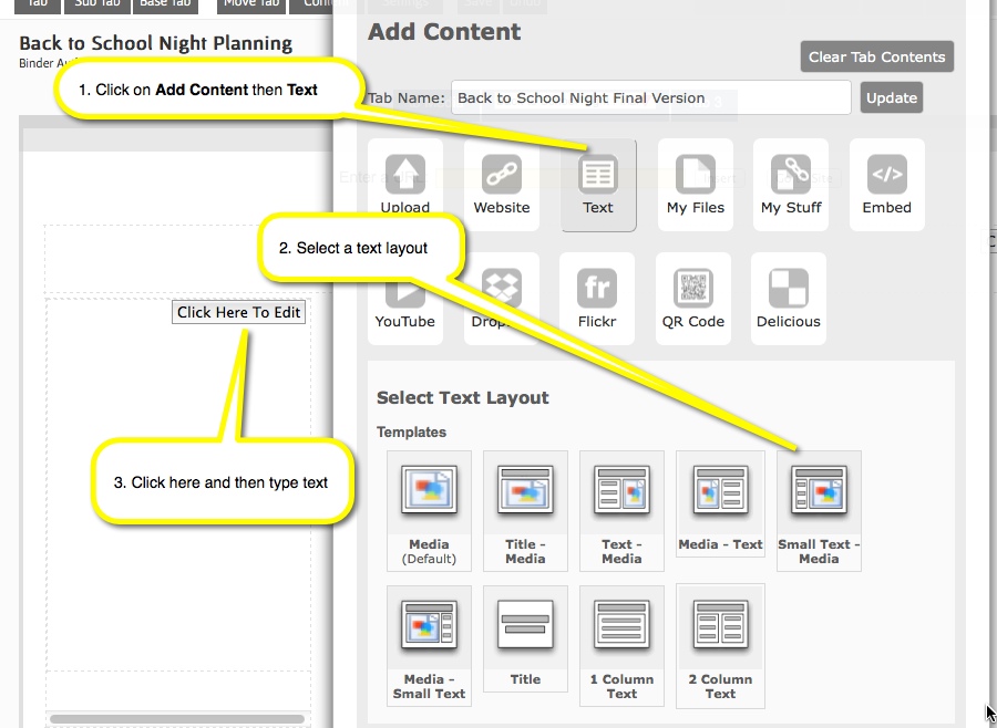 adding text to a tab in a binder