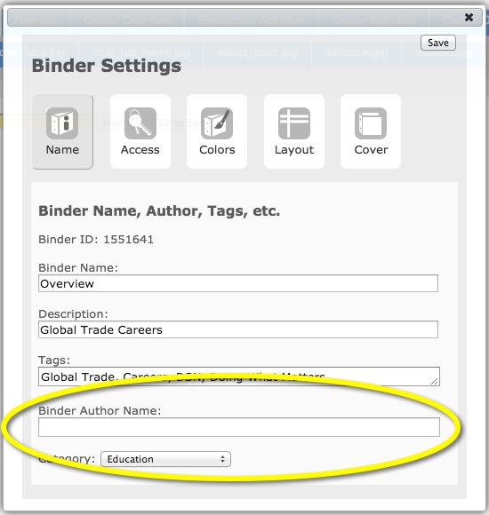 binder author name under binder settings
