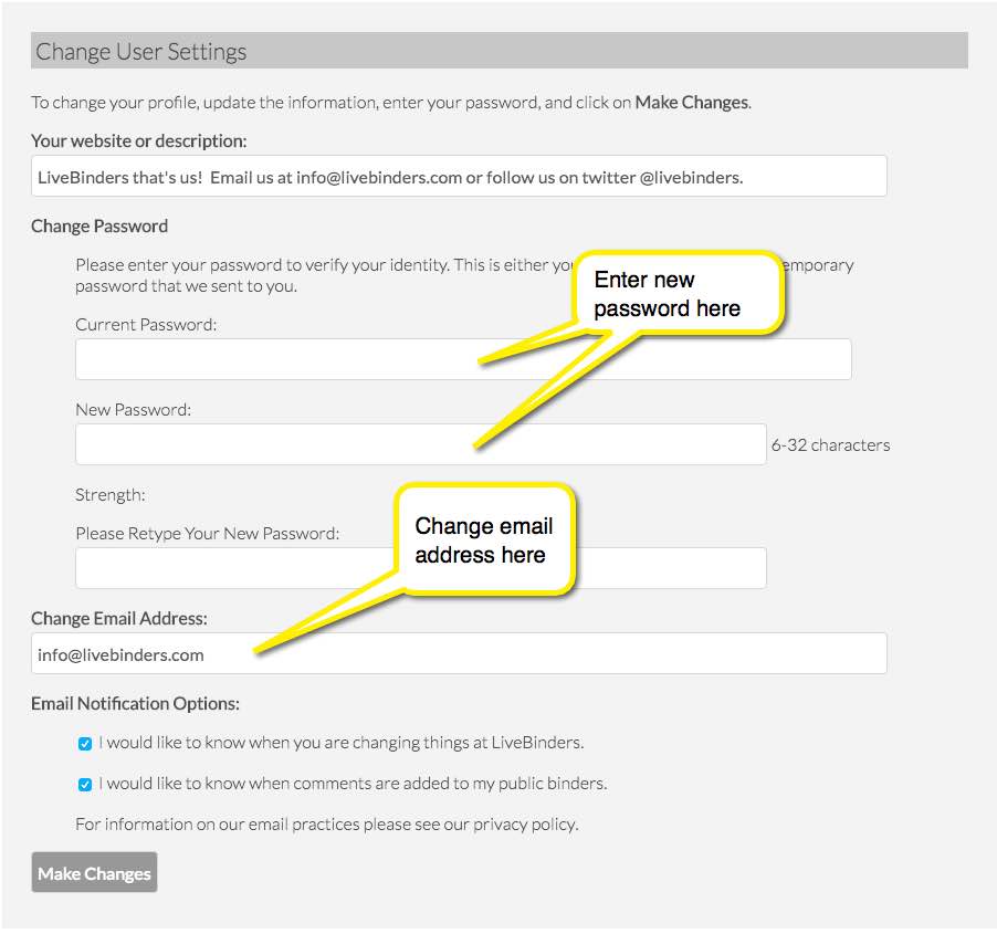 screenshot of change password