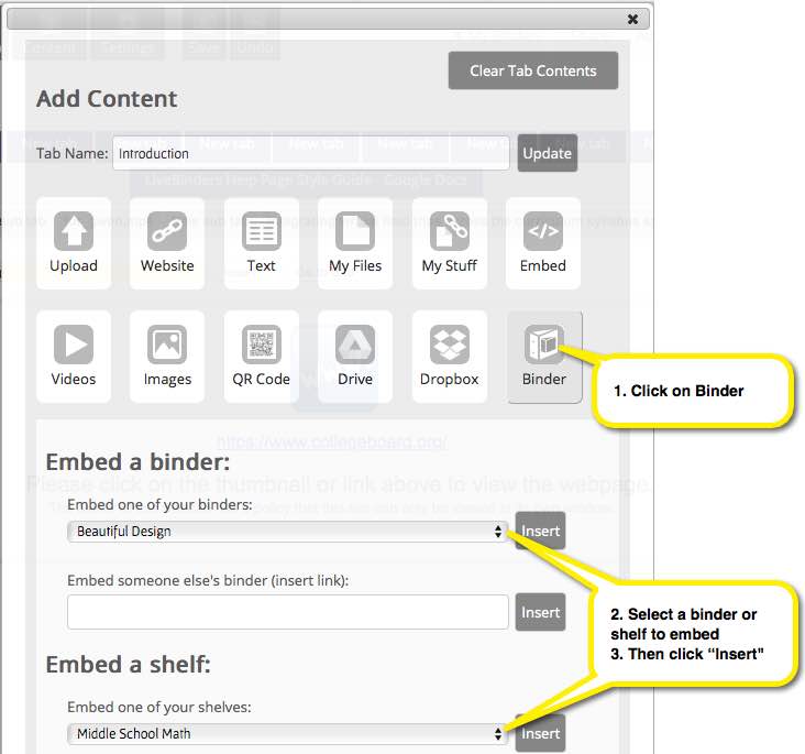 Embed binder or shelf menu