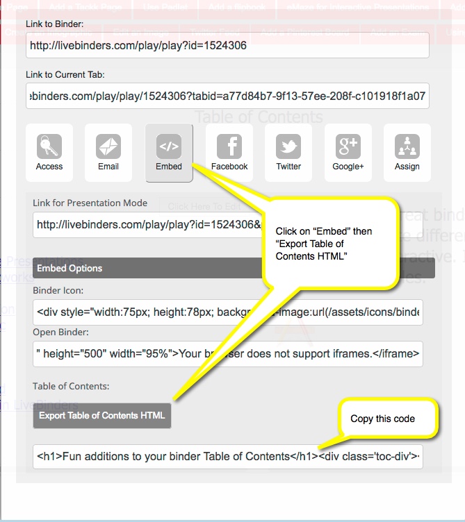 Selecting embed code for table of contents
