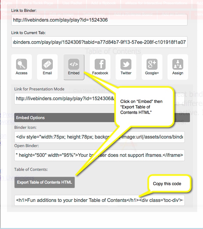 Selecting embed code for table of contents