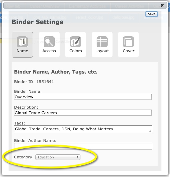 screenshot of how to change category of binder