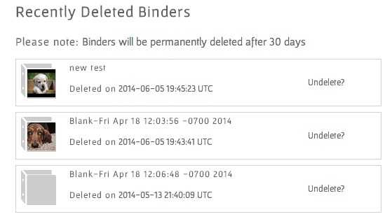 screenshot of 'Recently Deleted Binders' page