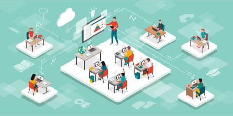 Teal background with drawings of 5 small white squares with different human characters -all at differnt types of desks and 1 large square in the center with a classroom of people. 1 teachers at the white board facing 4 desks with 1 student at each desk. All desks have laptops open.