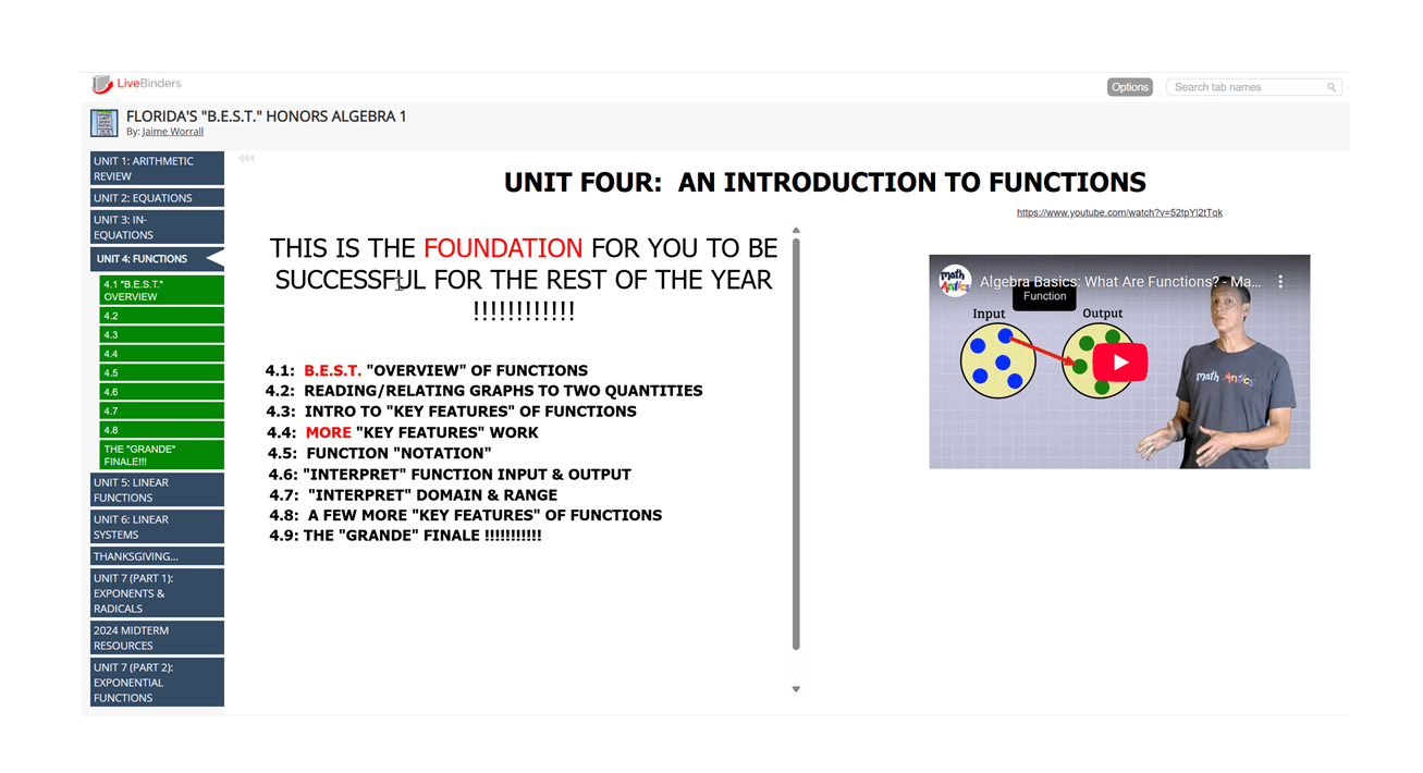 Decorative image of the algebra binder with the text "This is the foundation for you to be successful for the rest of the year." A YouTube video is on the right of the text.