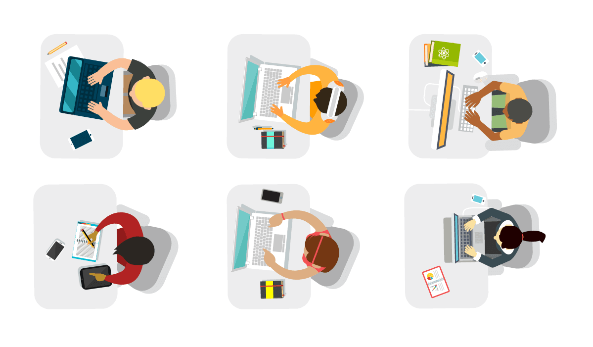 Decorative illustration of a top down view of 6 desks in 2 rows of middle school students at their desks.