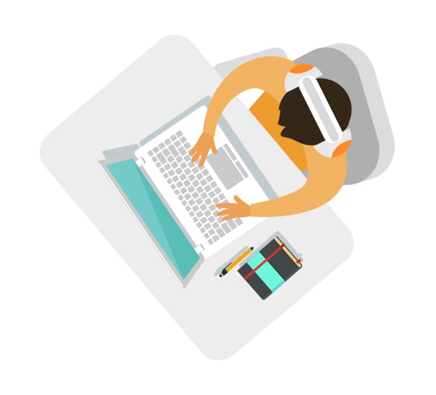 Decorative image of a illustration of a top-down view of a student with over-the-ear headphones on at a desk typing on a laptop.