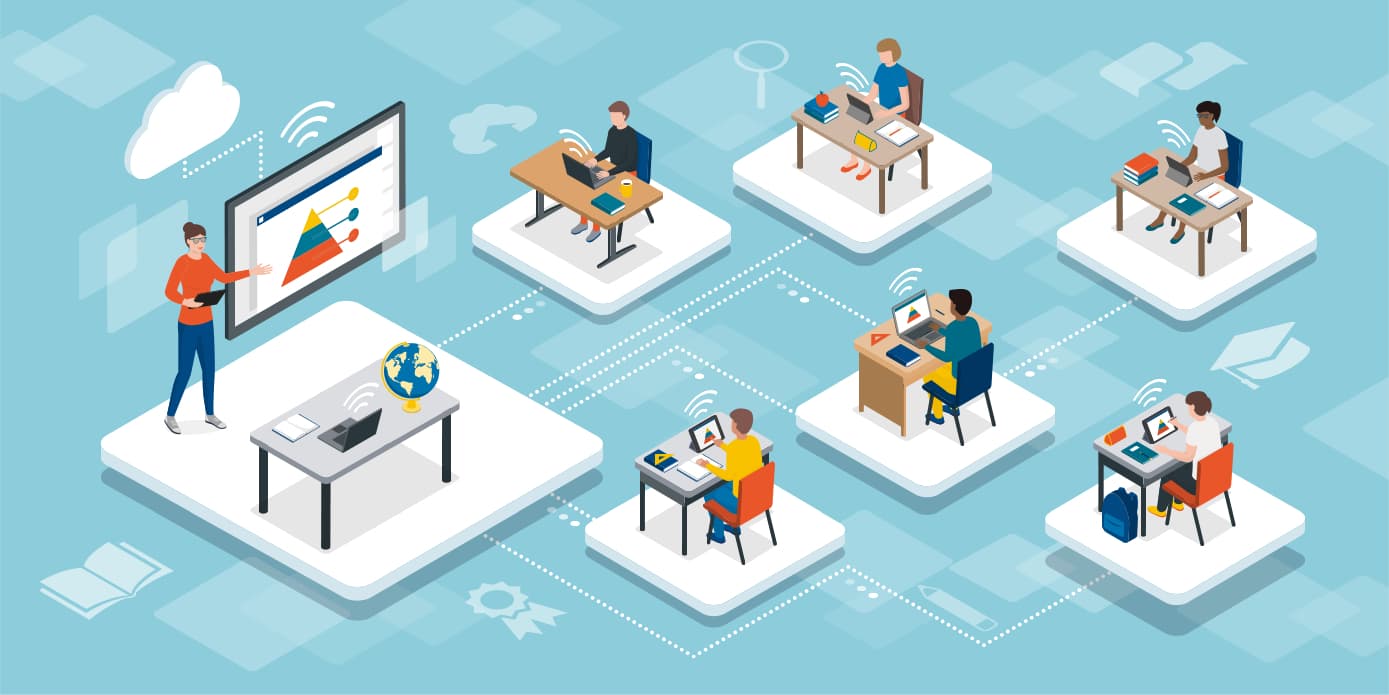 Decorative Image of Remote classroom with main white square representing the instructor and whiteboard and 6 smaller floating white squares showing 6 desks and students