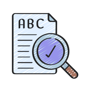 Decorative image to explain spellchecker with a magnifier over text on a page that says ABC