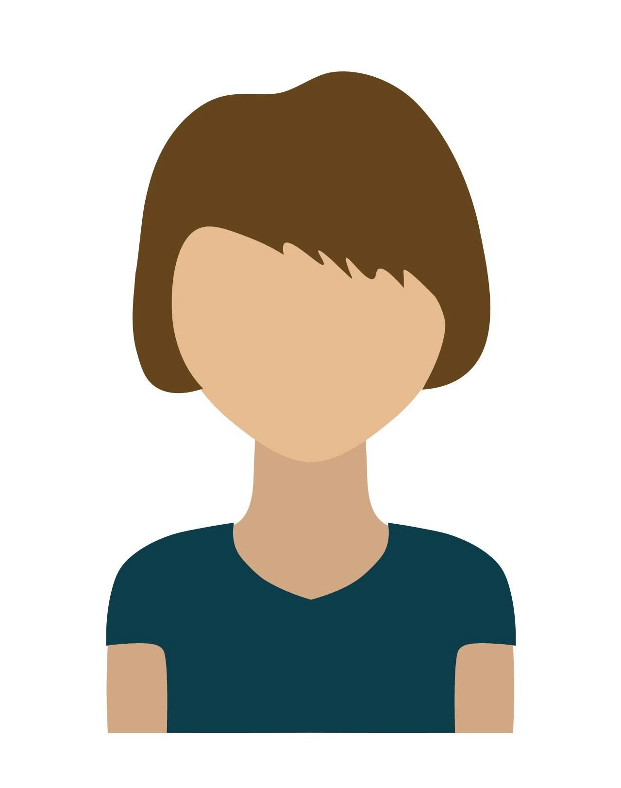 Drawing of a female profile with short brown hair, light brown skin tone, and a v-neck dark green t-shirt.