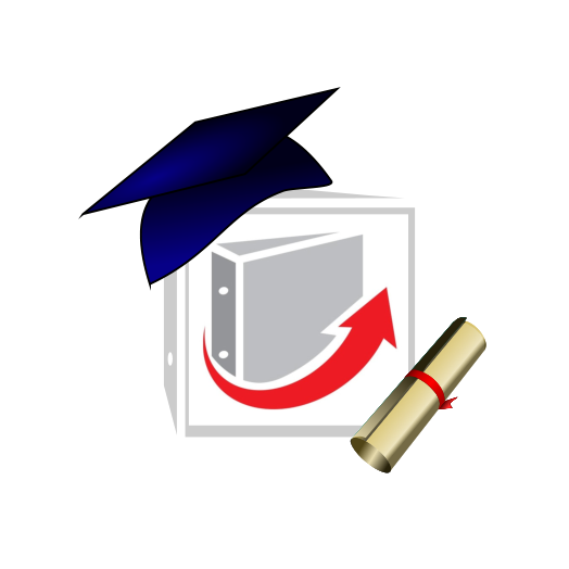 A navy blue graduation cap sits on top left corner of a grey and white binder with a grey binder icon with a red arrow across the bottom pointing to the upper right. There is also a brown rolled up diploma with a red ribbon in the center to the lower right, next to the grey binder.