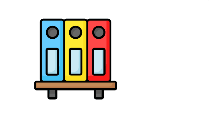 A graphic of a shelf with 3 binders on it.